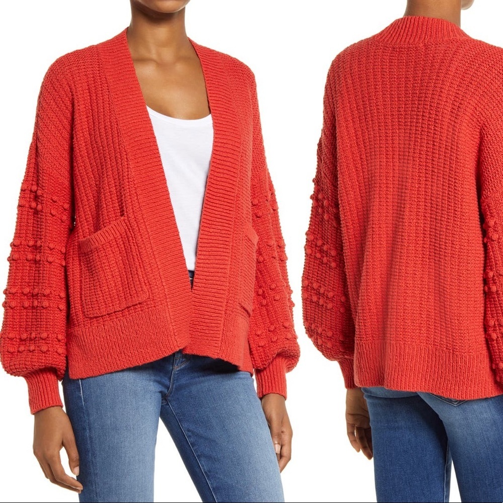 NEW • Madewell • Bobble Cardigan Sweater Kilt Red Pom Pom XS Womens Cotton
